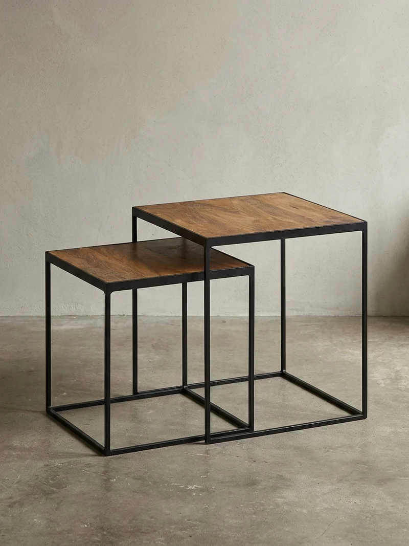 Beistelltisch Set – 2-teilig Mango Massivholz Metall Braun Schwarz Industrial