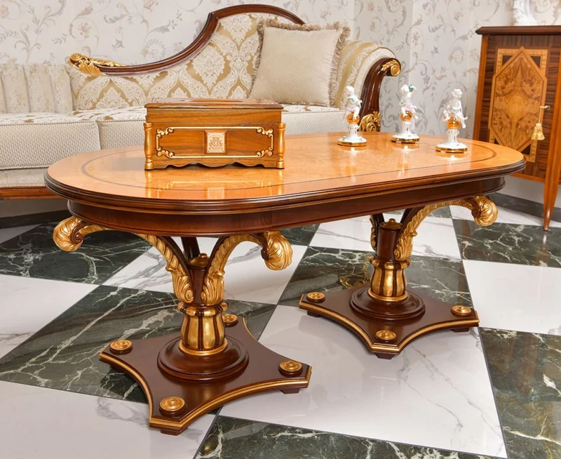 Casa Padrino Luxus Barock Couchtisch Naturfarben / Braun / Gold 125 cm - Barock Möbel - Made in Italy