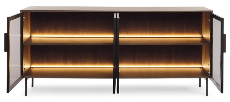 Vierteilige Glaskommode Lumi mit Beleuchtung, 181 cm, Eiche Dunin