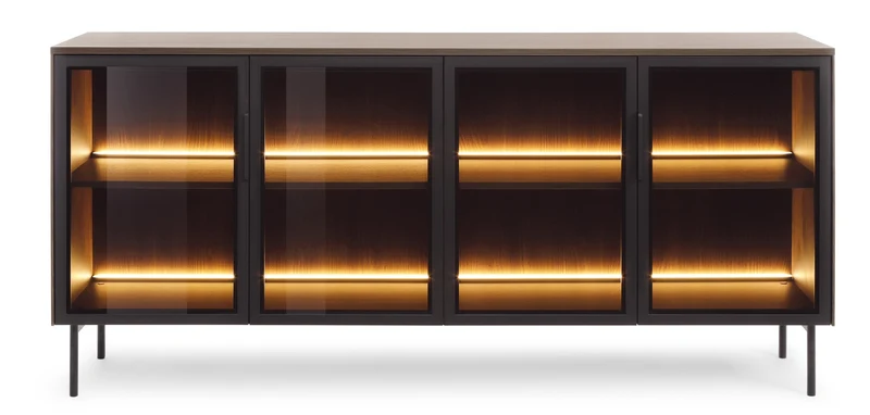Vierteilige Glaskommode Lumi mit Beleuchtung, 181 cm, Eiche Dunin