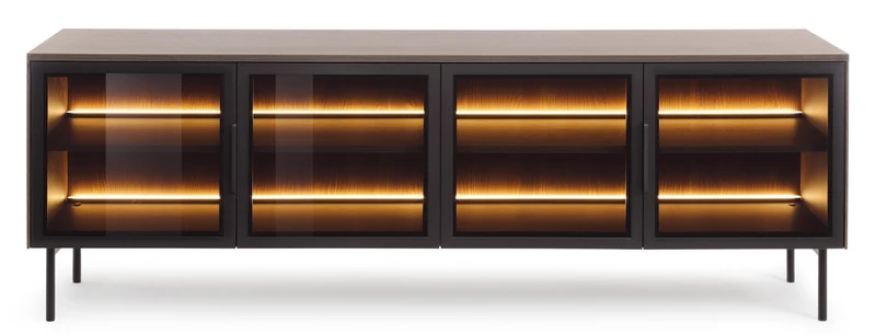 Viertrügige TV-Kommode Lumi mit Glastüren und Beleuchtung, 181 cm, Eiche Dunin