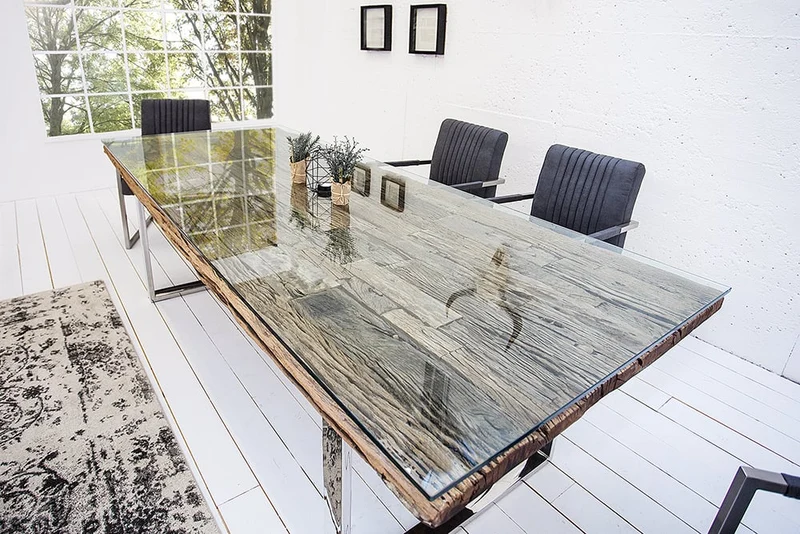 Unikat Esstisch OLD TEAK 200cm inkl. Glasplatte und Stahlgestell