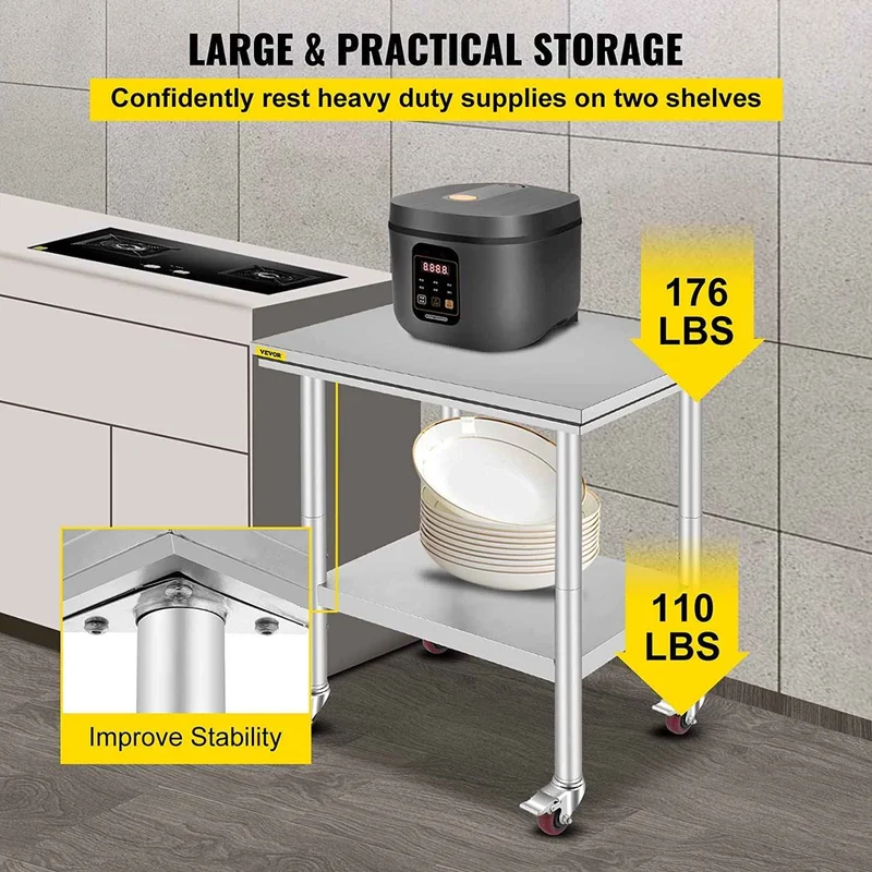 VEVOR Stainless Steel Work Table with Wheels 24 x 30 Prep Table with casters Heavy Duty Work Table for Commercial Kitchen Restaurant Business 🍁 All In One Marketplace Canada