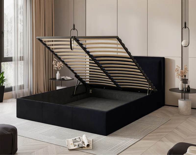 Polsterbett 140x200 cm Soave II mit Stauraum und Metallrahmen, samtig dunkelblau
