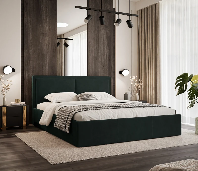 Gepolstertes Bett 160x200 cm Soave II mit Stauraum und Metallrahmen, dunkelgrüner Samt
