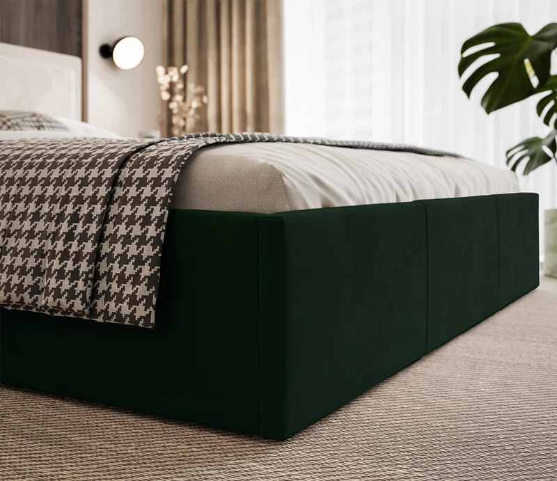 Gepolstertes Bett 160x200 cm Soave II mit Stauraum und Metallrahmen, dunkelgrüner Samt