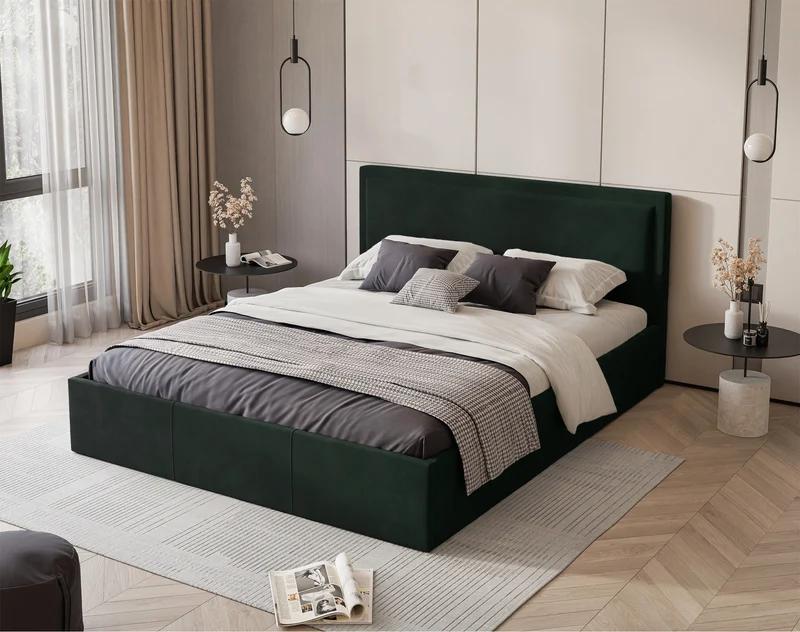 Polsterbett 160x200 cm Soave mit Stauraum und Metallrahmen, dunkelgrüner Samt