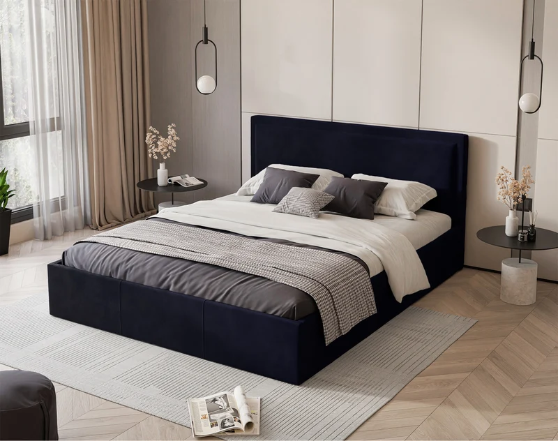 Polsterbett 140x200 cm Soave mit Stauraum und Metallrahmen, dunkelblauer Samt