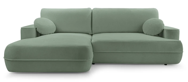 Ecksofa mit Schlaffunktion Fuerro, L-förmig, linksseitig, mit Stauraum, salbeigrüner Flechtstoff, wasserabweisend