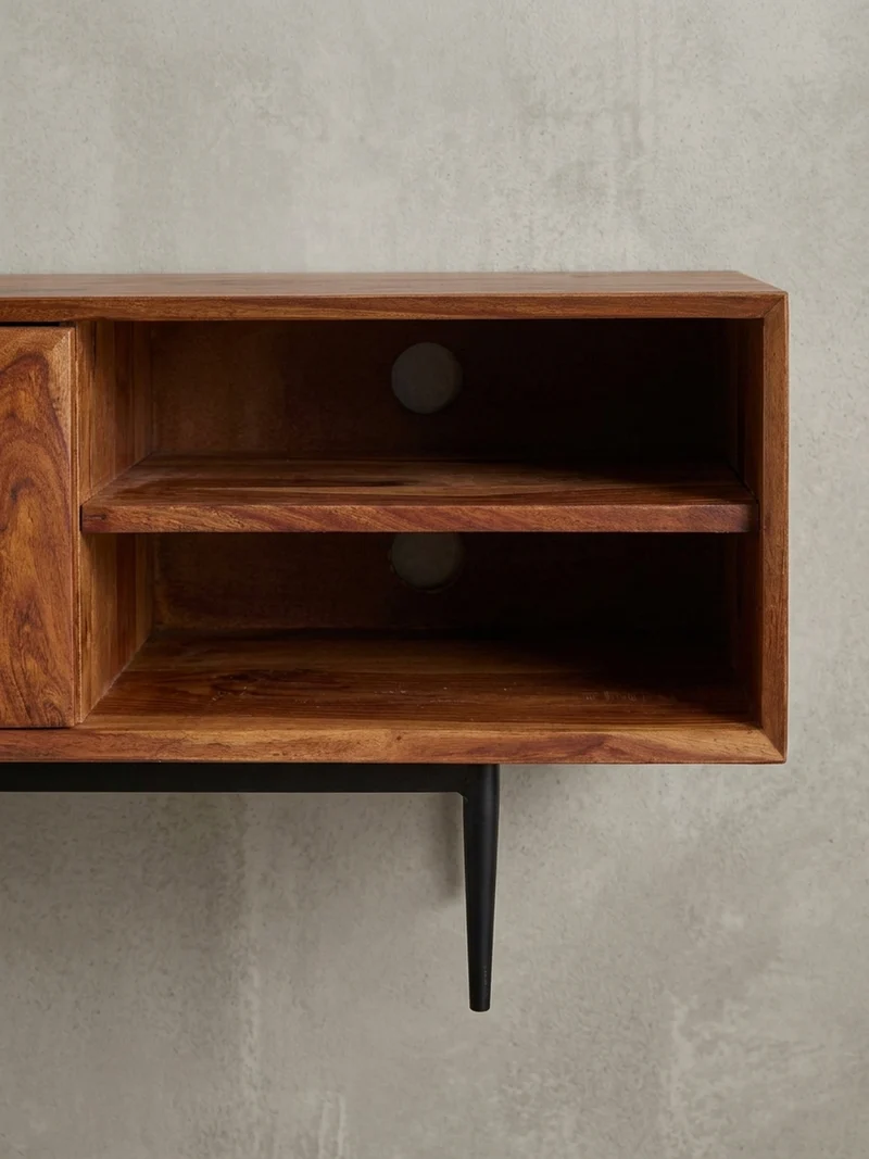 Lowboard Massivholz Modern Stil für 55-Zoll Fernseher Push-to-Open mit Edelstahlbeinen