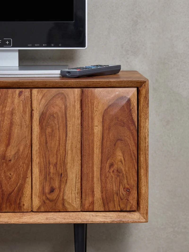 Lowboard Massivholz Modern Stil für 55-Zoll Fernseher Push-to-Open mit Edelstahlbeinen