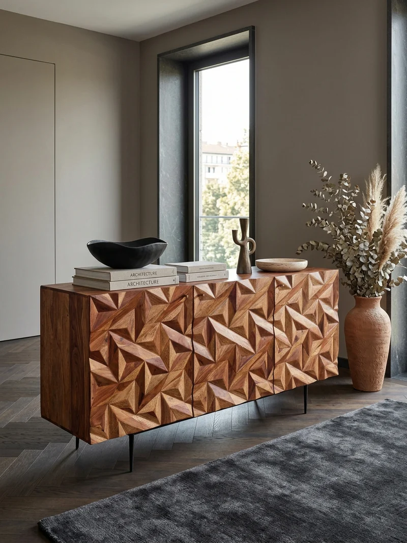 Sideboard – "Metallux", Massivholz, braun, 3D-Oberfläche, modern
