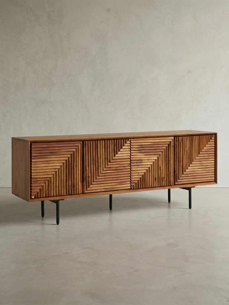 Lowboard Massivholz Modern Stil Modell Spectrum mit 3D-Oberfläche und Edelstahl-Gestell