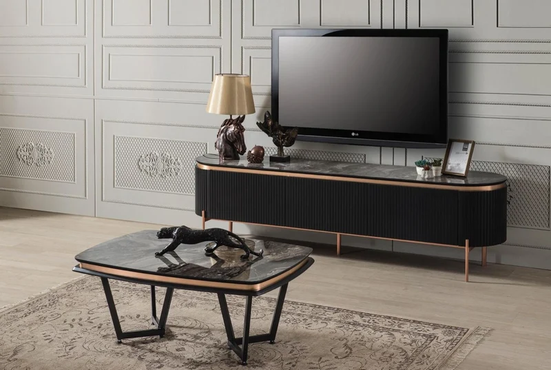 Casa Padrino Luxus TV Schrank Schwarz / Kupferfarben 208 x 48 x H. 57 cm - Fernsehschrank mit 4 Türen - Luxus Wohnzimmer Möbel