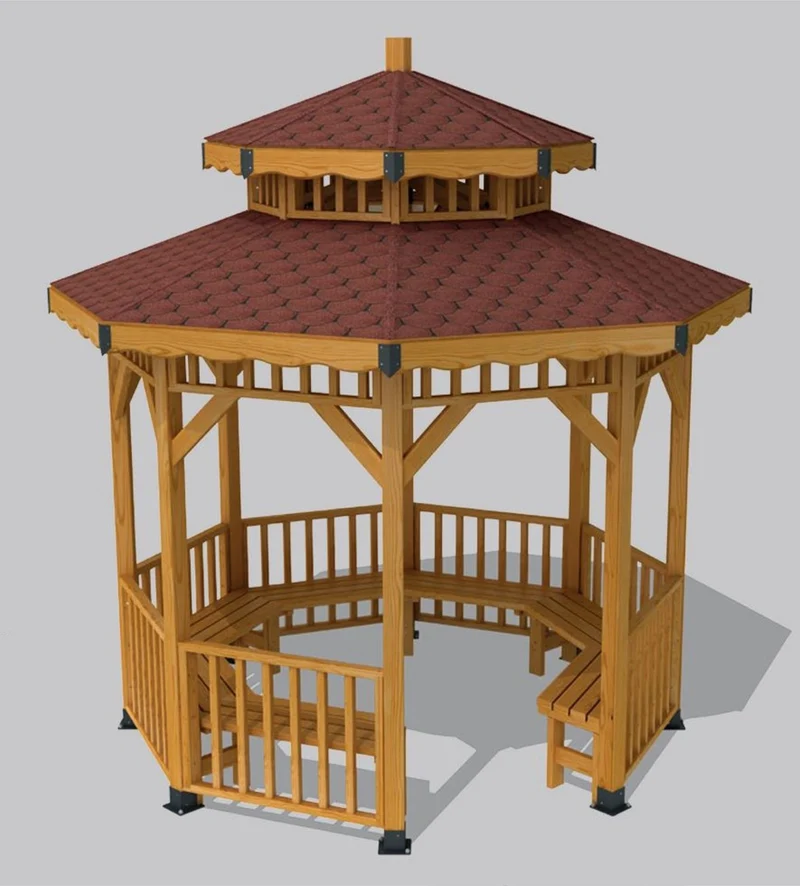 Casa Padrino Pavillon mit Sitzbänken Naturfarben / Braun 300 x 300 x H. 375 cm - Garten & Park Möbel