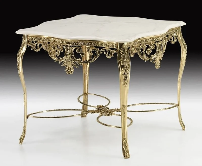 Casa Padrino Luxus Barock Esstisch mit Marmorplatte Gold / Weiß 98 cm - Barock Esszimmer Möbel