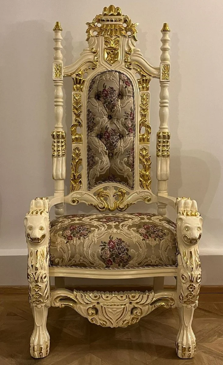 Pompöös by Casa Padrino Luxus Barock Thron Sessel Krone Creme / Gold - designed by Harald Glööckler