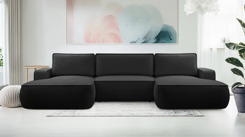 Ecksofa mit Schlaffunktion Mollaro U-förmig, universell, mit Stauraum, schwarzer Bouclé-Stoff
