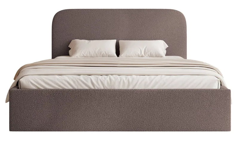 Polsterbett 160x200 cm Sonvivo mit Bettkasten, braunes Bouclé, Metallrahmen