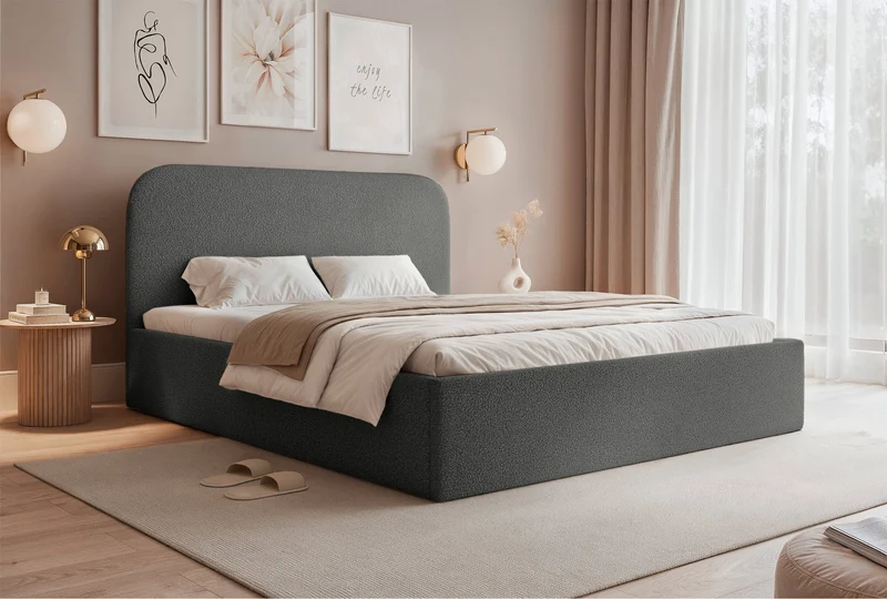 Gepolstertes Bett 160x200 cm Sonvivo mit Bettkasten, dunkelgrauer Bouclé-Bezug, Metallrahmen