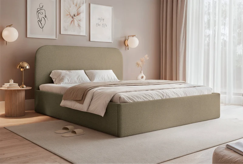 Polsterbett 140x200 cm Sonvivo mit Bettkasten, dunkelbeiger Chenille-Stoff, Metallrahmen