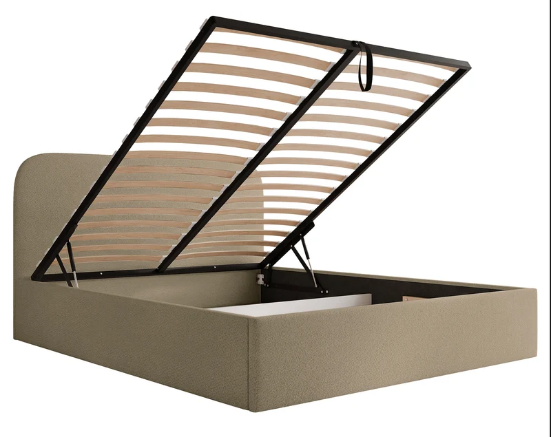 Polsterbett 140x200 cm Sonvivo mit Bettkasten, dunkelbeiger Chenille-Stoff, Metallrahmen