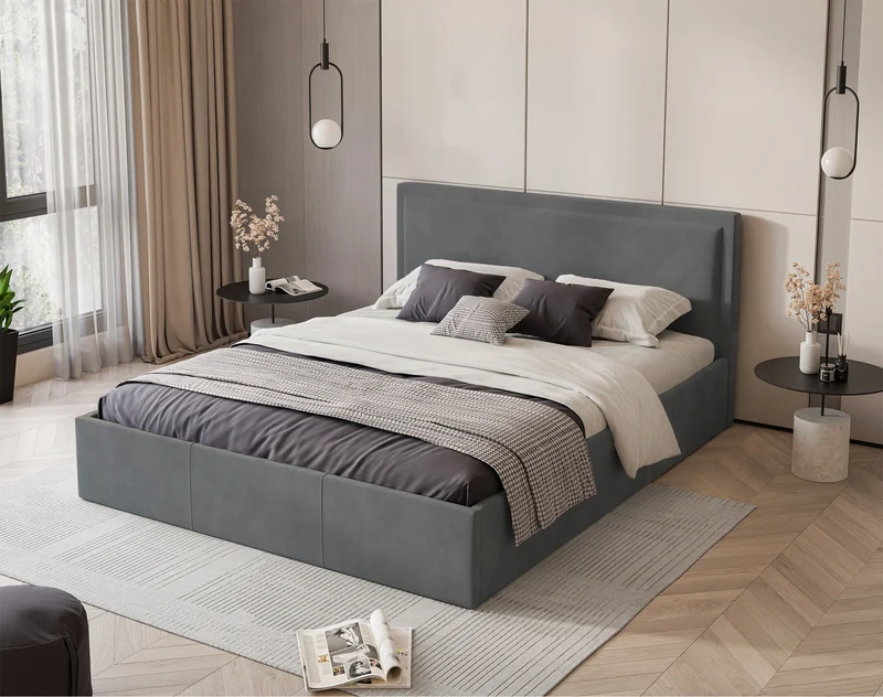 Gepolstertes Bett 160x200 cm Soave mit Stauraum und Metallrahmen, Stahlvelours