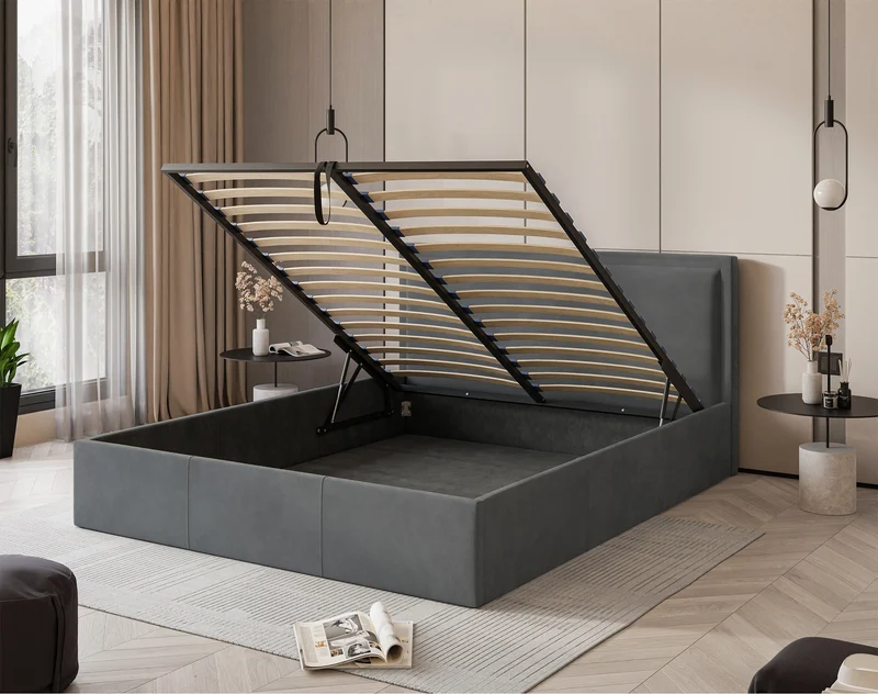 Gepolstertes Bett 160x200 cm Soave mit Stauraum und Metallrahmen, Stahlvelours