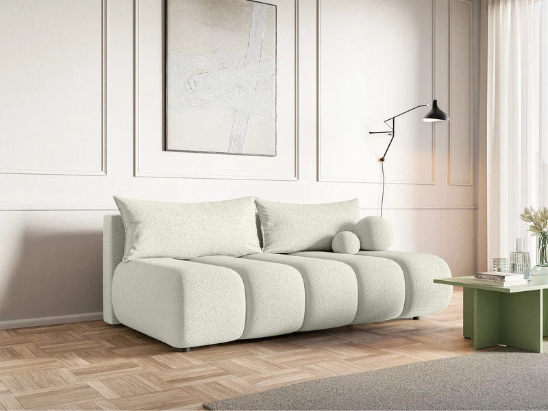 Dreisitziges Sofa Dandelino Mini mit Schlafunktion in cremefarbenem Bouclé