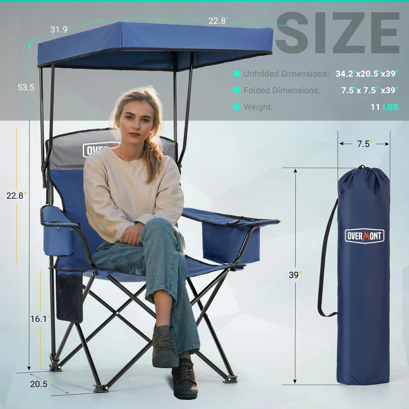 Overmont Beach Chair with Canopy Shade and Cooler - Support 330lbs Oversized Folding Camping Chair with Umbrella- Cup Holder - Cool Bag - Lounge Chair for Sand Travel Outdoor Pool Sports Blue 2pcs 🍁 All In One Marketplace Canada
