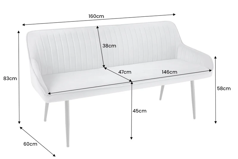 Elegante Sitzbank MILAN ca.160cm Samt grau Armlehnen