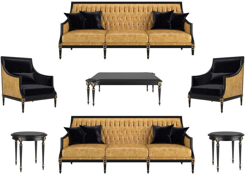 Casa Padrino Luxus Barock Wohnzimmer Set Gold / Schwarz / Antik Gold - 2 Sofas & 2 Sessel & 1 Couchtisch & 2 Beistelltische - Möbel im Barockstil - Edle Barock Wohnzimmer Möbel