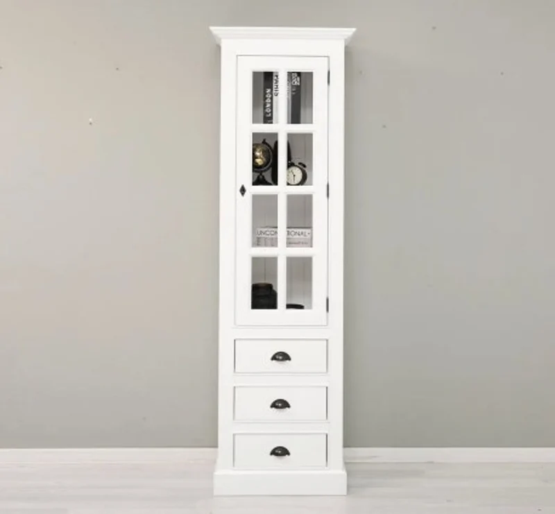 Casa Padrino Vitrine im Landhausstil Weiß mit 1 Glastür und 3 Schubladen, 66 x 40 x 210 cm