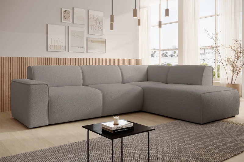 Ecksofa Bouvi L-förmig mit rechter Armlehne, grau-braunes Bouclé