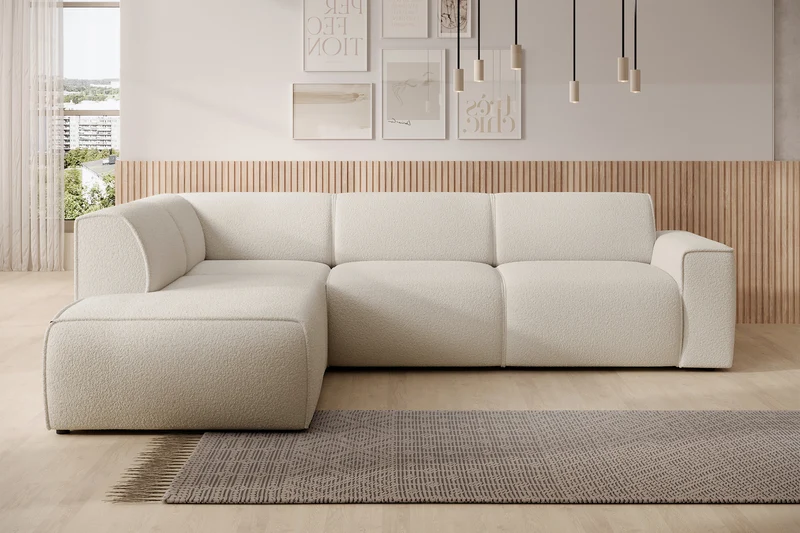 Ecksofa Bouvi L-förmig mit linker Armlehne, cremefarbenes Bouclé