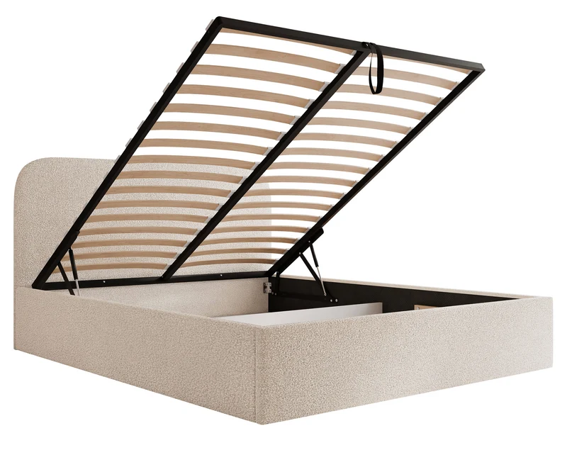 Polsterbett 140x200 cm Sonvivo mit Bettkasten, cremefarbenes Bouclé, Metallrahmen
