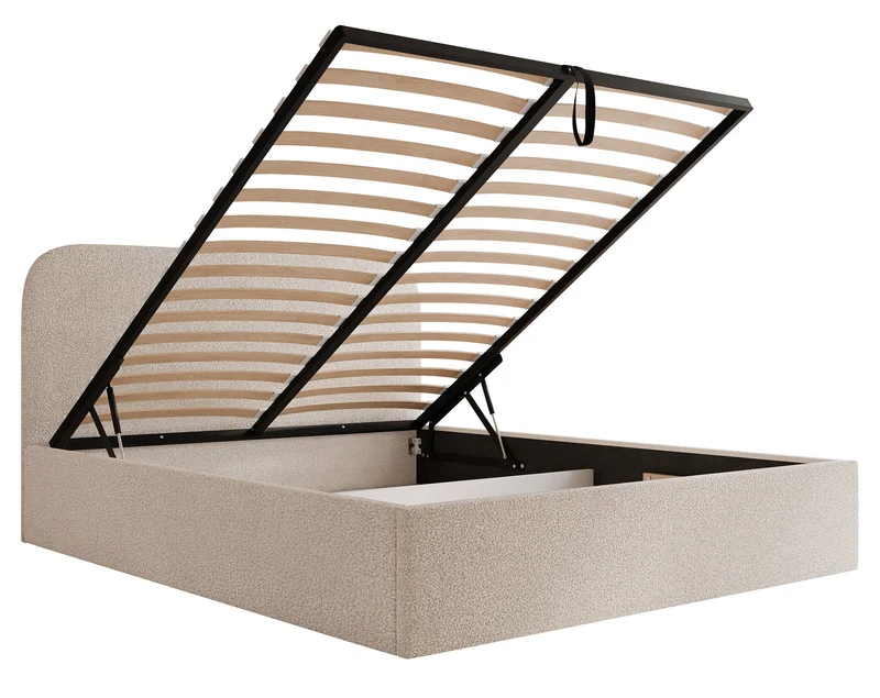 Gepolstertes Bett 140x200 cm Sonvivo mit Bettkasten, grau-beiger Bouclé-Stoff, Metallrahmen