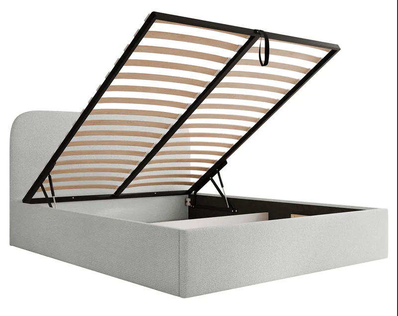 Polsterbett 140x200 cm Sonvivo mit Bettkasten, hellgrauer Chenille-Stoff, Metallrahmen