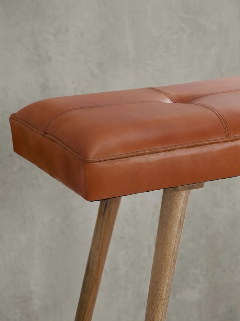 Sitzbank – Ziegenleder/Massivholz, Retro-Stil, 200 kg Belastbarkeit