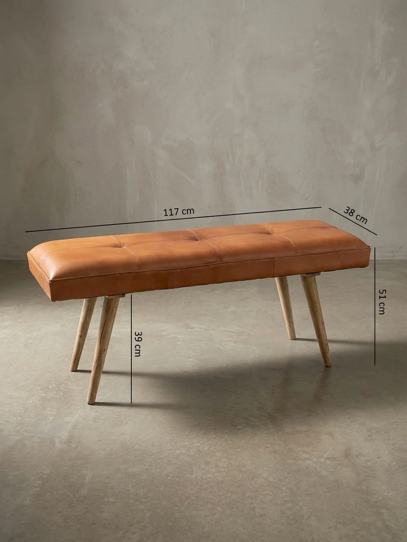 Sitzbank – Ziegenleder/Massivholz, Retro-Stil, 200 kg Belastbarkeit