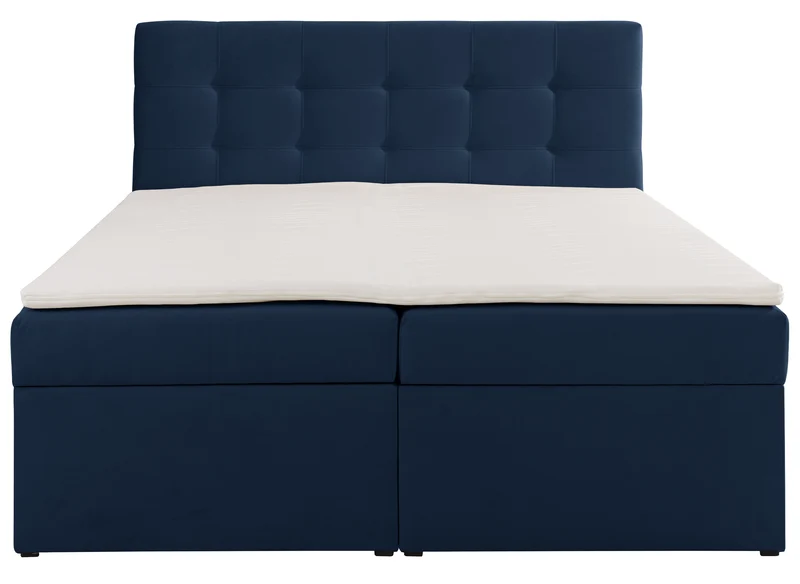 Kontinentales Bett 180x200 cm Ronneo mit Stauraum und Topper, dunkelblauer Samt