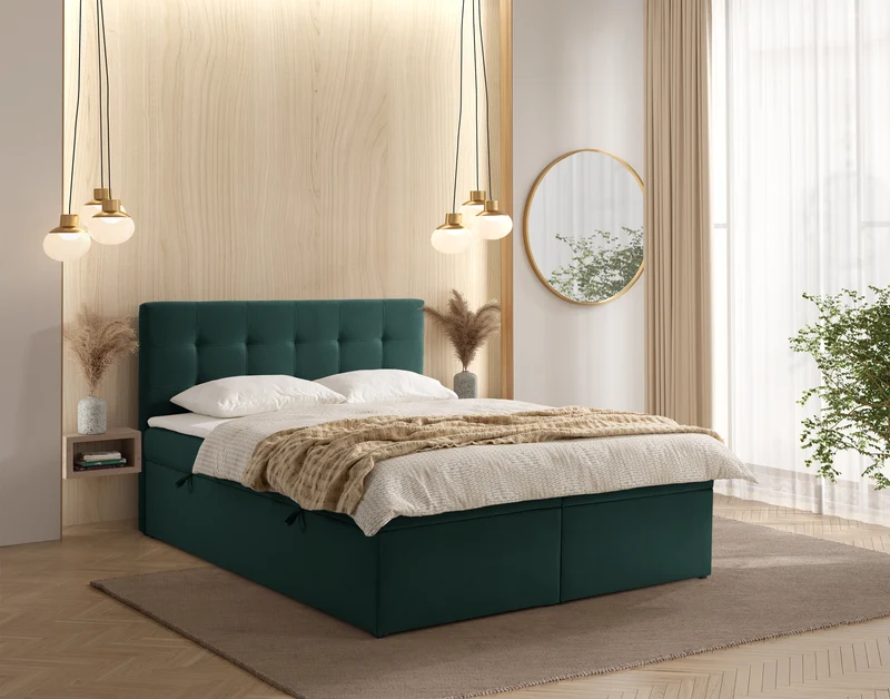 Kontinentalbett 140x200 cm Ronneo mit Stauraum und Topper, grüner Samt