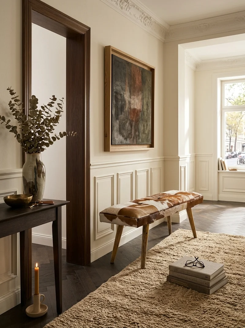 Sitzbank – Ziegenfell/Leder, Landhausstil, Mango Holz, 220 kg Belastbarkeit