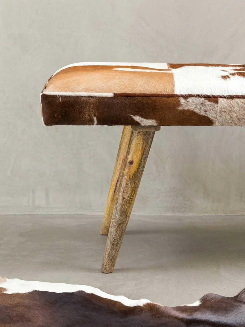 Sitzbank – Ziegenfell/Leder, Landhausstil, Mango Holz, 220 kg Belastbarkeit