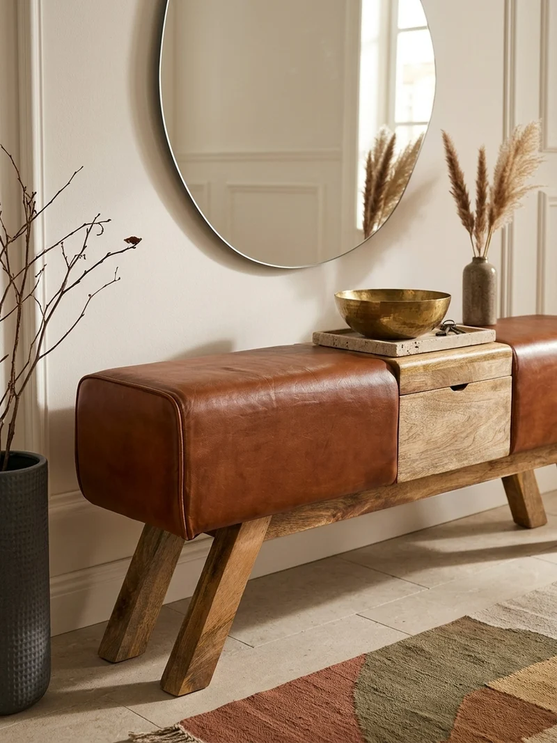 Sitzbank – Echtleder/Holz, 120 cm, Retro-Stil, mit Stauraum