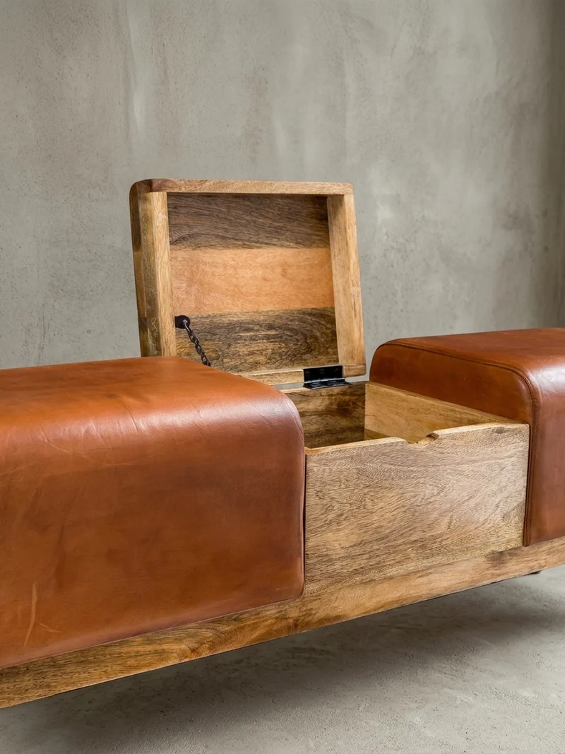 Sitzbank – Echtleder/Holz, 120 cm, Retro-Stil, mit Stauraum