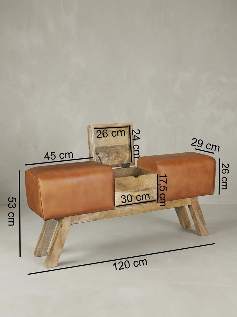 Sitzbank – Echtleder/Holz, 120 cm, Retro-Stil, mit Stauraum