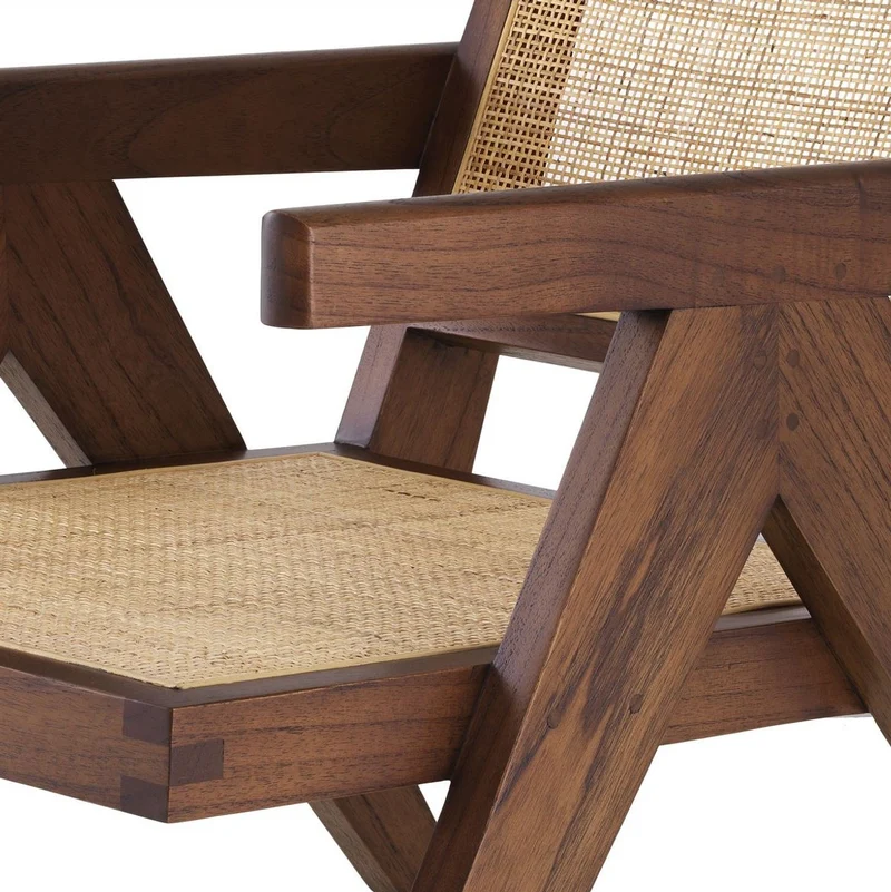 Casa Padrino Designer Stuhl Braun / Naturfarben 58 x 82 x H. 70 cm - Massivholz Stuhl mit Armlehnen und handgewebtem Rattangeflecht - Luxus Wohnzimmer Möbel