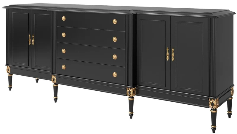 Casa Padrino Luxus Barock Sideboard Schwarz / Antik Gold 235 x 55 x H. 95 cm - Edler Wohnzimmer Schrank mit 4 Türen und 4 Schubladen - Barock Möbel