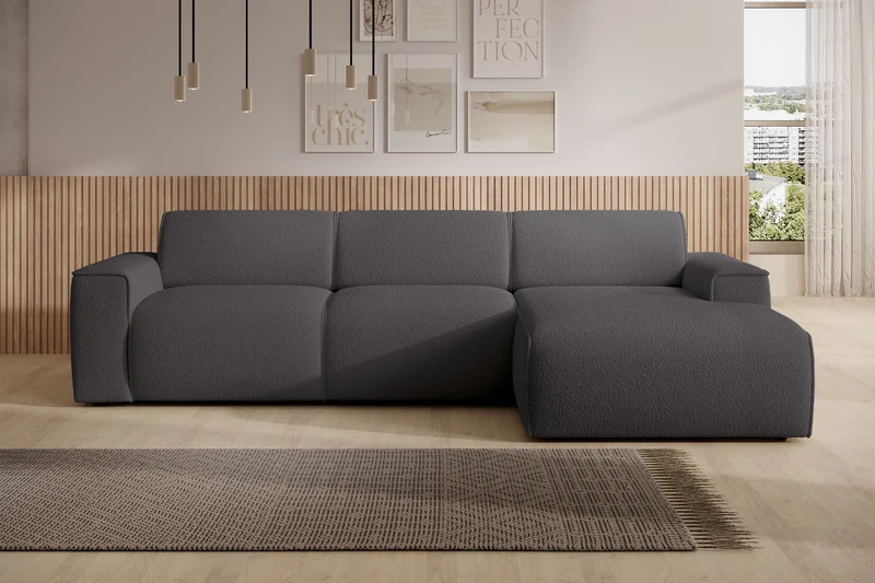 Ecksofa Bouvi L-förmig, rechtsseitig, dunkelgrauer Bouclé-Stoff